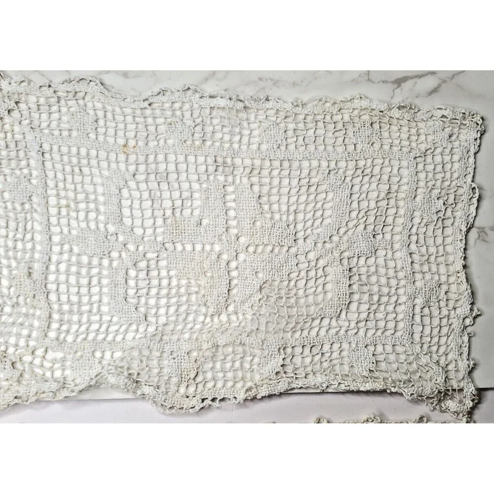 Antique Needle Lace Doilies 2 Cream Rectangle Handmade Floral Swirl Victorian